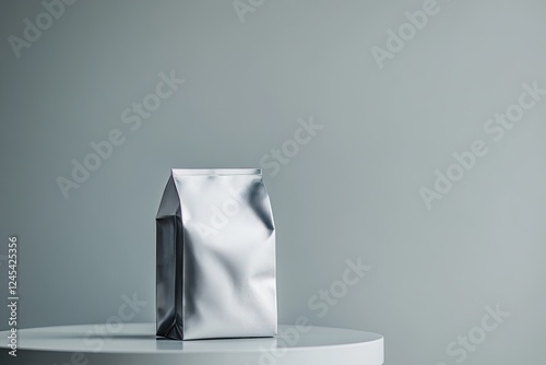 Sleek metallic packaging on minimalist table enhances modern aes photo