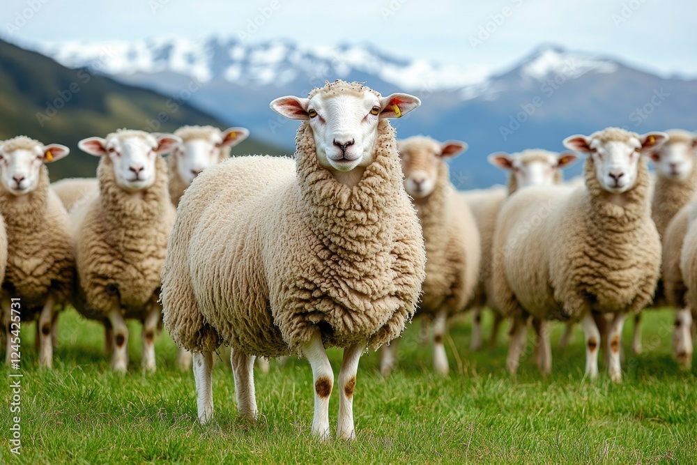 Fototapeta premium Flock of sheep grazing peacefully in lush green field against ma