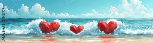 A dreamlike ocean with red heart-shaped waves crashing onto the shore flat design front view surreal seascape theme watercolor complementary color scheme photo