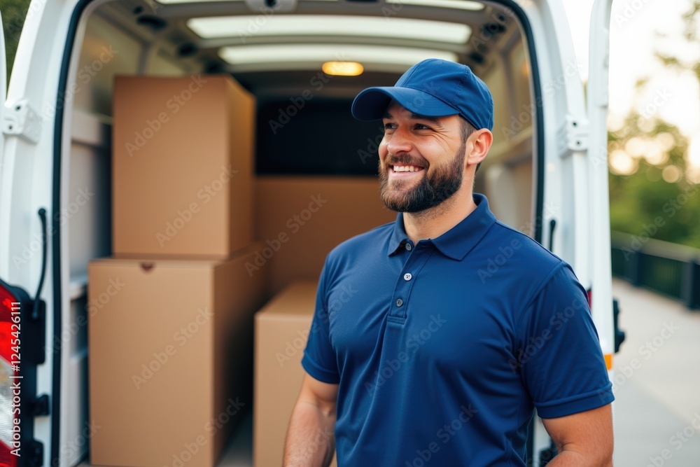 Smiling Male Delivery Driver in Blue Uniform Standing by Open Van with Boxes, Delivery & Moving Service in Urban Environment During Daylight Smiling Male Delivery Driver in Blue Uniform Standing by Open Van with Boxes, Delivery & Moving Service in Urban Environment During Daylight