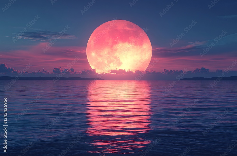 Pink Moonrise Over Serene Ocean: A Breathtaking Celestial Display Pink Moonrise Over Serene Ocean: A Breathtaking Celestial Display