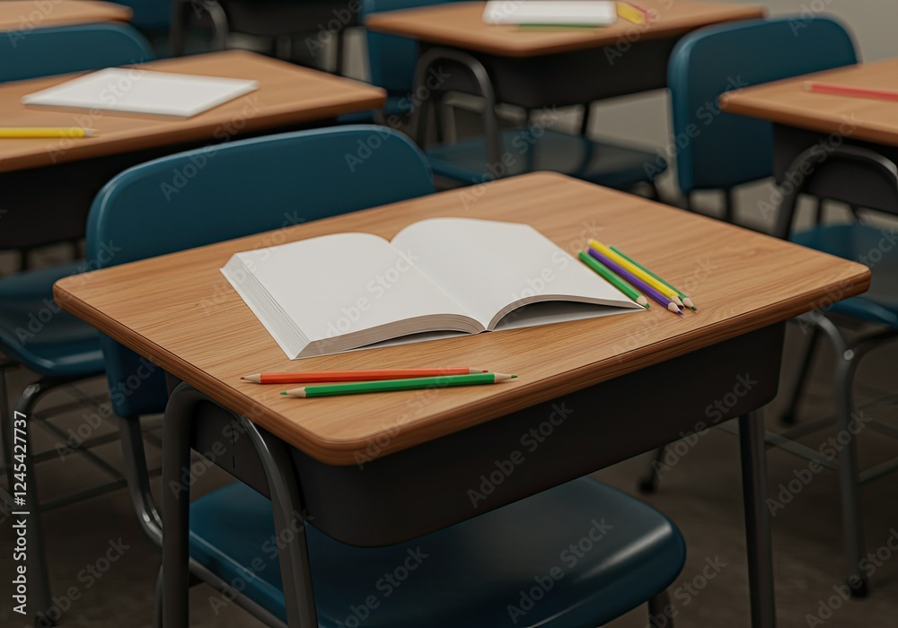 empty classroom desk with book and pencils empty classroom desk with book and pencils