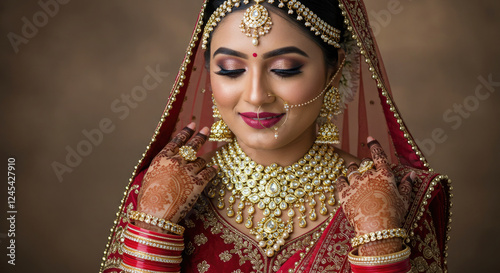 Portrait of a Indian woman bride in traditional Indian attire and mehndi art on her hand.