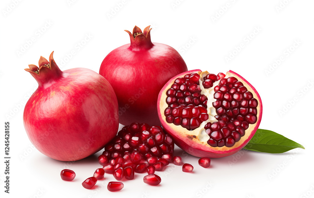 Fresh ripe pomegranate with green leaves isolated on white background. Fresh ripe pomegranate with green leaves isolated on white background.