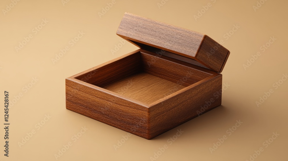 An opened square wooden box with a sleek modern design on a pale brown background An opened square wooden box with a sleek modern design on a pale brown background