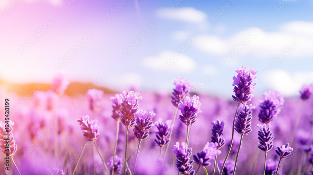 Naklejka premium filled with lavender under blue sky. blooming purple flowers under a sky