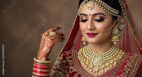 Portrait of a Indian woman bride in traditional Indian attire and mehndi art on her hand.