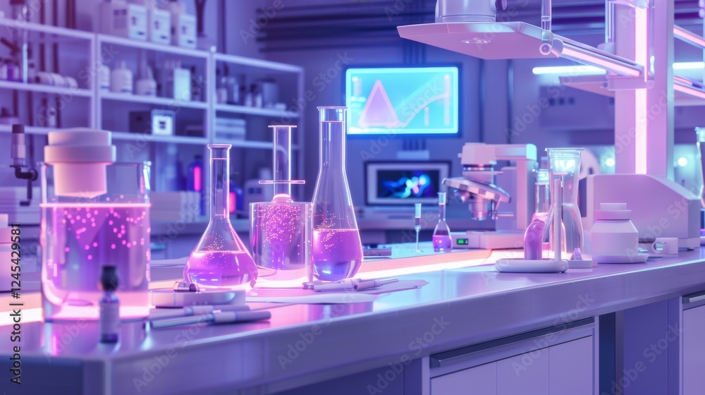 Naklejka premium Illuminated Pharmaceutical Laboratory with Advanced Equipment and Purple Accents