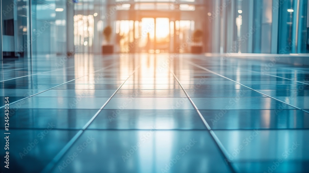 Sunlit modern office hallway with reflective tiled floor Sunlit modern office hallway with reflective tiled floor