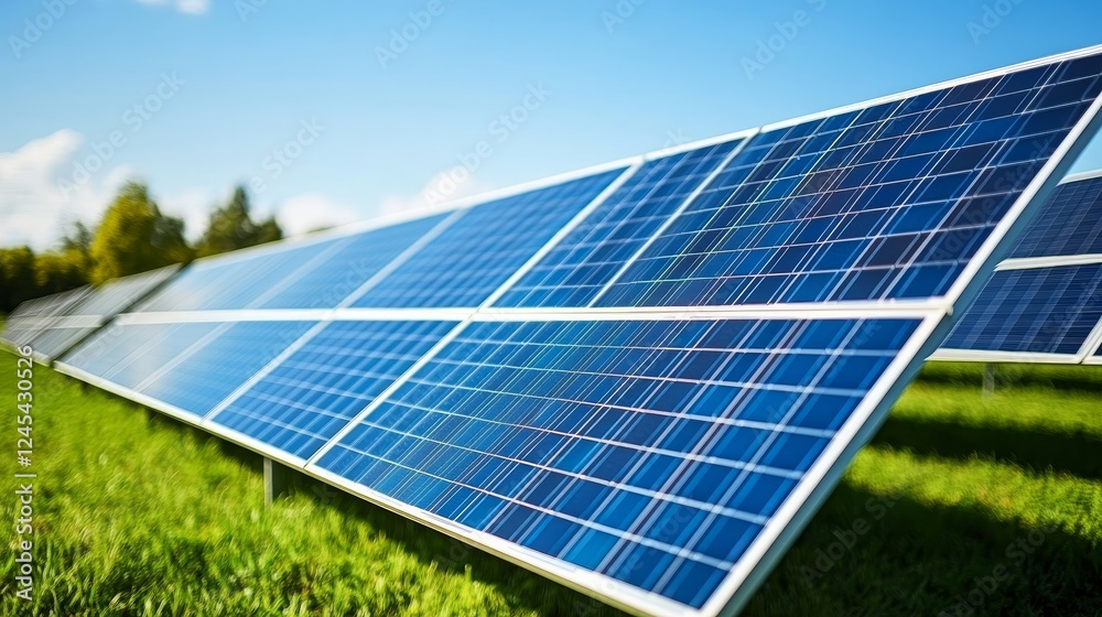 Bright solar panels in sunny field for renewable energy solution Bright solar panels in sunny field for renewable energy solution