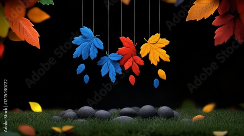 Autumn Leaves Dance: Vibrant autumn leaves dangle from unseen strings against a dark background, creating a captivating and whimsical scene. photo