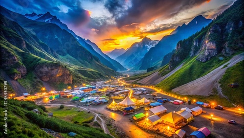 Amarnath Yatra: Low Light Base Camp View, Holy Cave Shrine, Kashmir Himalayas, India photo