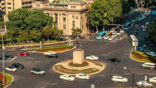 4k aerial video of traffic delay at Nanjing Xinjiekou roundabout during peak hours in a bustling urban area photo