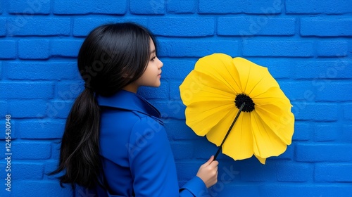 A Splash of Yellow: A young woman in a blue coat stands against a vibrant blue brick wall, holding a striking yellow umbrella. Her long black hair cascades down her back. photo