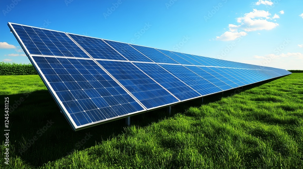 Solar panels in green field with blue sky and clouds Solar panels in green field with blue sky and clouds