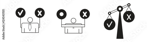 decision icon, check mark indicates correctness, cross mark indicates error, with check symbol, cross, eps 10, isolated on white background, vector illustration.
