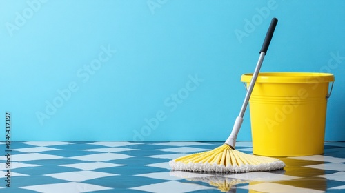 Yellow mop bucket and mop on checkered floor.