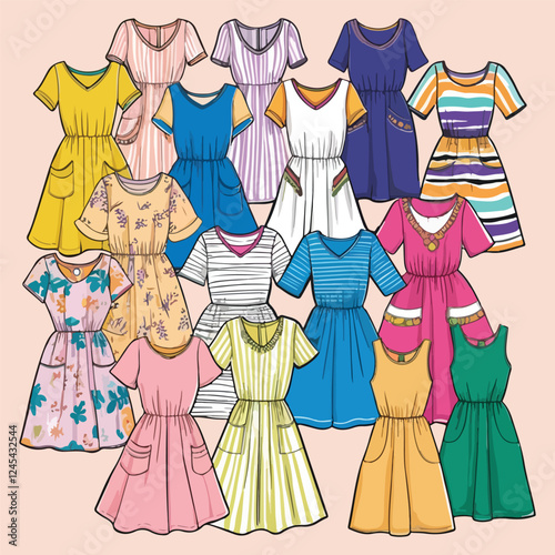 Collection of casual women's dress in flat style. Hand drawn vector art