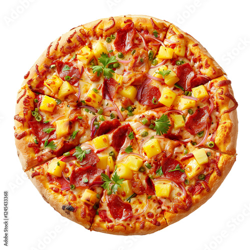 Hawaiian pizza with crispy bacon, pineapple, and melted cheese, top view on a white background photo