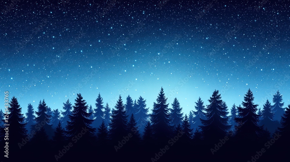 Starlit Coniferous Forest: A breathtaking panorama of a dense coniferous forest silhouetted against a breathtaking night sky brimming with stars. Starlit Coniferous Forest: A breathtaking panorama of a dense coniferous forest silhouetted against a breathtaking night sky brimming with stars.