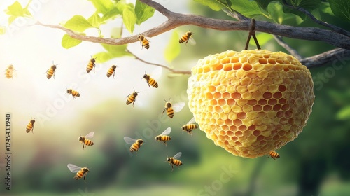 Beehive on a branch with flying bees, 3D vector illustration. photo