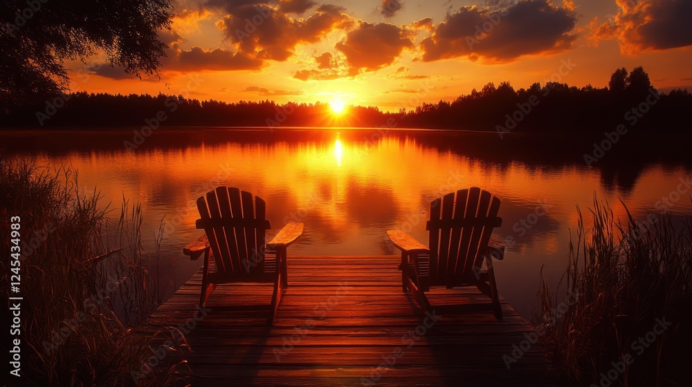 Two Adirondack chairs on a dock at sunset over a lake. Two Adirondack chairs on a dock at sunset over a lake.