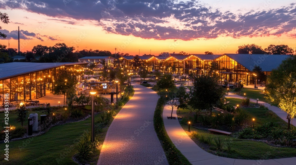 Illuminated complex at sunset, paved paths, landscaping Illuminated complex at sunset, paved paths, landscaping