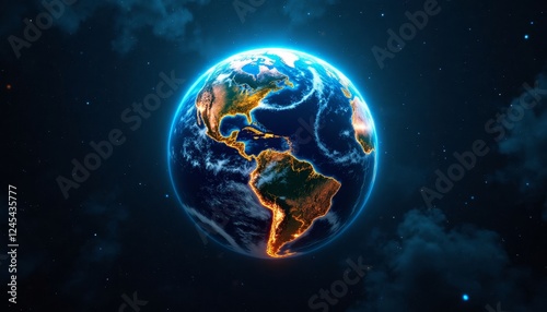 Glowing Earth in Space with City Lights and Atmosphere