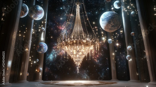 Wallpaper Mural A colossal chandelier suspended in a vertically elongated, rectangular cosmic space. The chandelier is intricately designed with celestial elements, including planets, stars, and glowing lights Torontodigital.ca