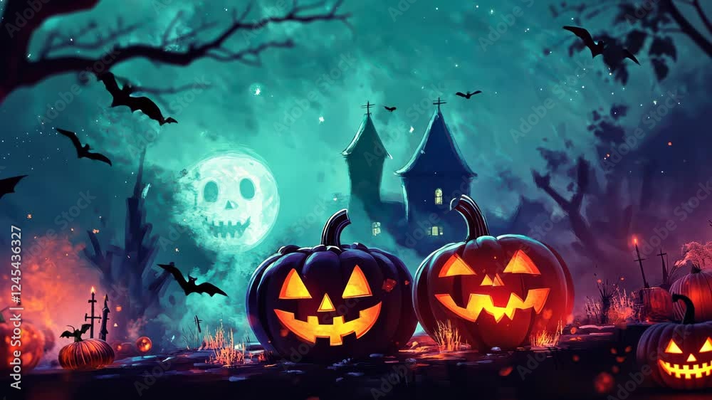 Spooky halloween night with glowing pumpkins and flying bats in haunted graveyard Spooky halloween night with glowing pumpkins and flying bats in haunted graveyard