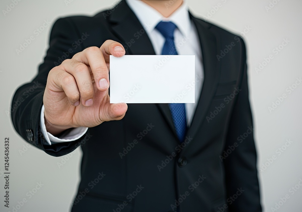 defocused businessman showing an empty business card defocused businessman showing an empty business card
