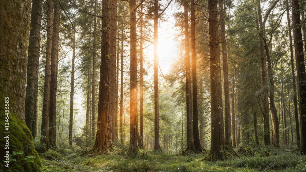 Fototapeta premium Sunlight filters through tall trees in a serene forest at dawn
