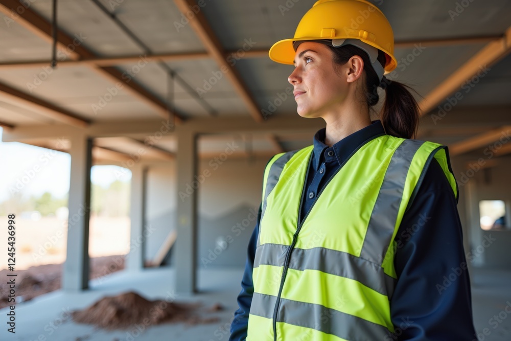 Female Construction Worker Evaluating Site Conditions in a Newly Constructed Building with Safety Gear and a Hard Hat Under Modern Architectural Structures Female Construction Worker Evaluating Site Conditions in a Newly Constructed Building with Safety Gear and a Hard Hat Under Modern Architectural Structures