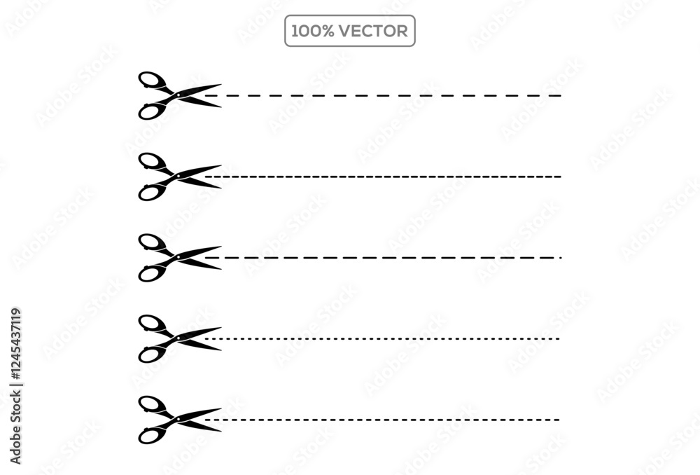 Set of cutting line with scissors icon isolated on a transparent or white background, vector illustration. Set of cutting line with scissors icon isolated on a transparent or white background, vector illustration.