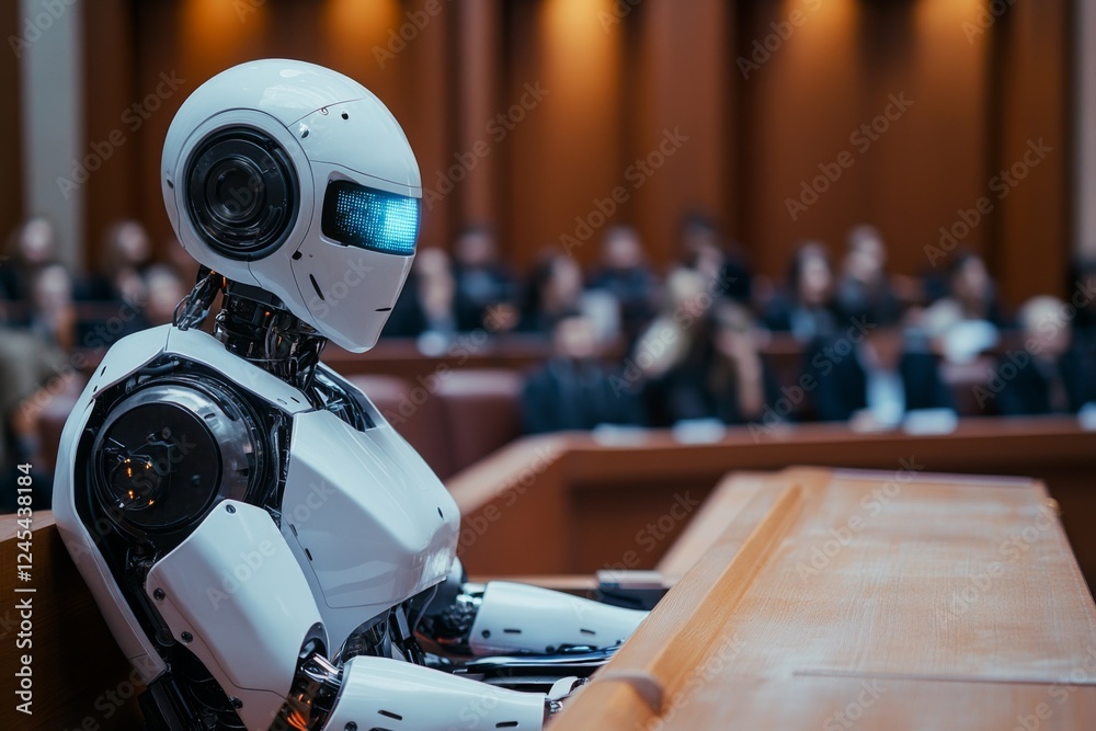 Fototapeta premium White humanoid robot holding tools in a workshop