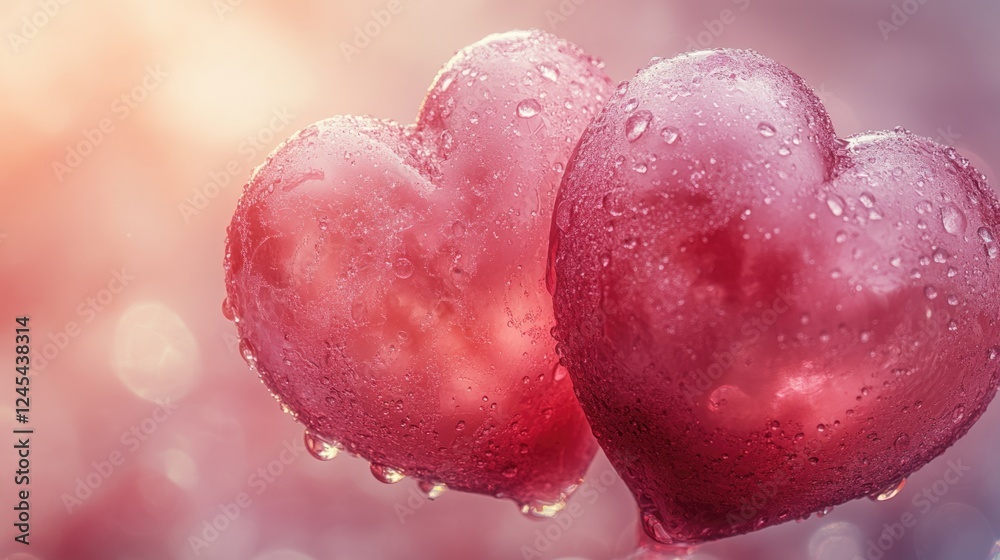 Fototapeta premium Romantic hearts with droplets on a dreamy background