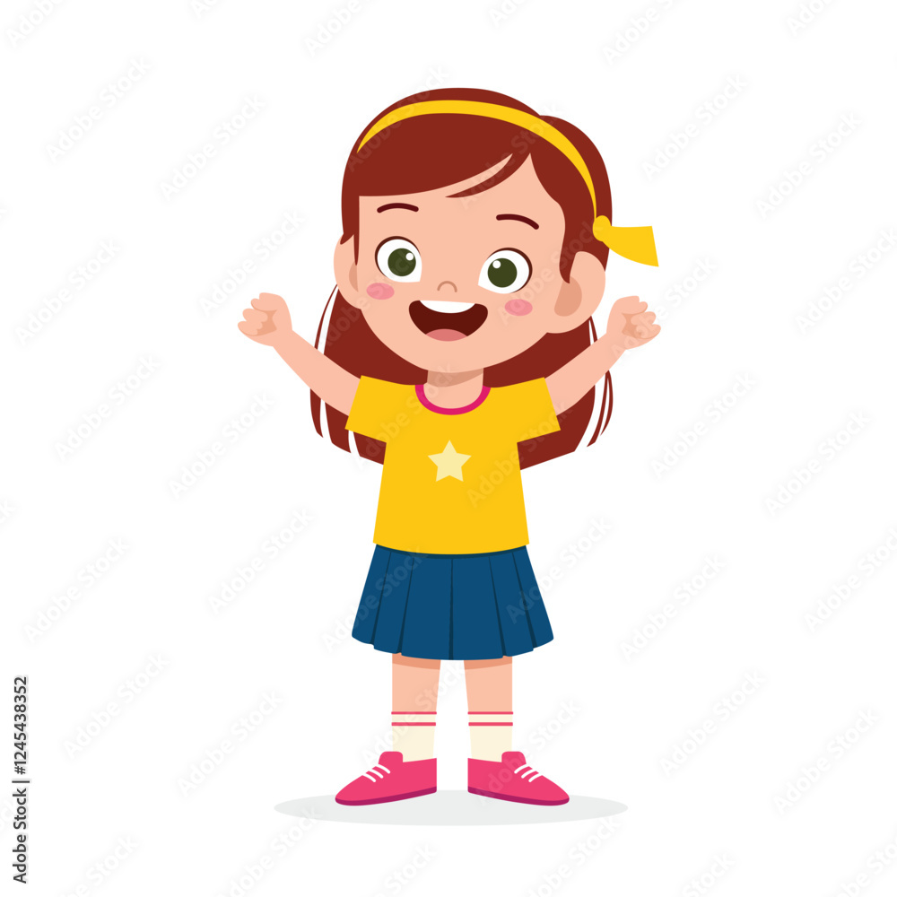 Happy Cute Little Kid Girl Celebrating Victory - Cartoon Vector Illustration Happy Cute Little Kid Girl Celebrating Victory - Cartoon Vector Illustration