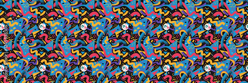 Seamless pattern with geometric shapes in the style. Multicolored vintage background with triangles, circles and squares for textile, fabric and Sudanese fabric art.