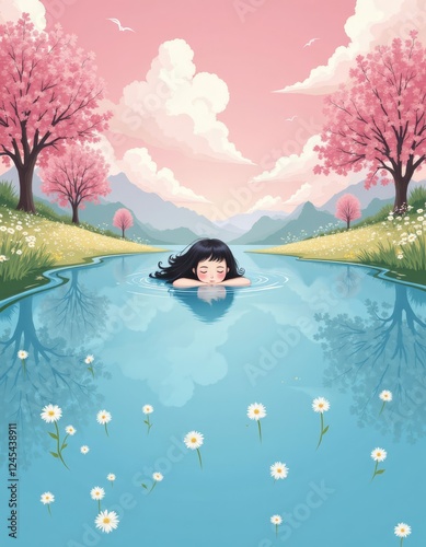 Relaxing in a Pink Spring Anime Landscape
