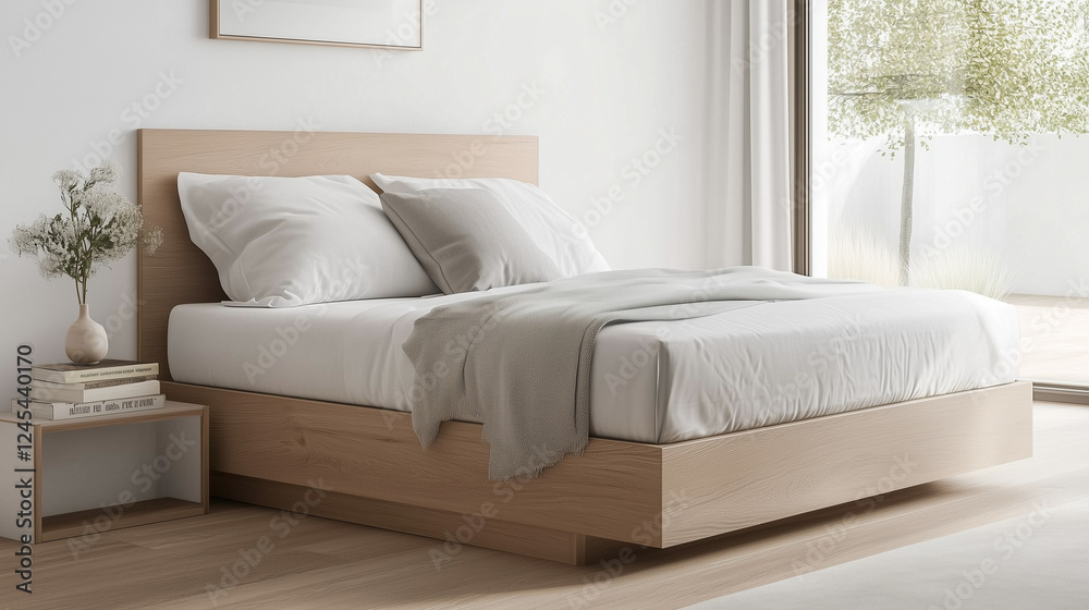 Minimalist Bedroom Sanctuary: A serene and inviting bedroom interior featuring a sleek wooden platform bed with plush bedding, bathed in soft natural light streaming through a large window. Minimalist Bedroom Sanctuary: A serene and inviting bedroom interior featuring a sleek wooden platform bed with plush bedding, bathed in soft natural light streaming through a large window.