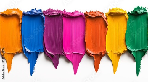 Rainbow of Colors: A vibrant spectrum of colorful paint swatches, arranged in a row against a clean backdrop. Each stroke reveals a unique texture and intensity.