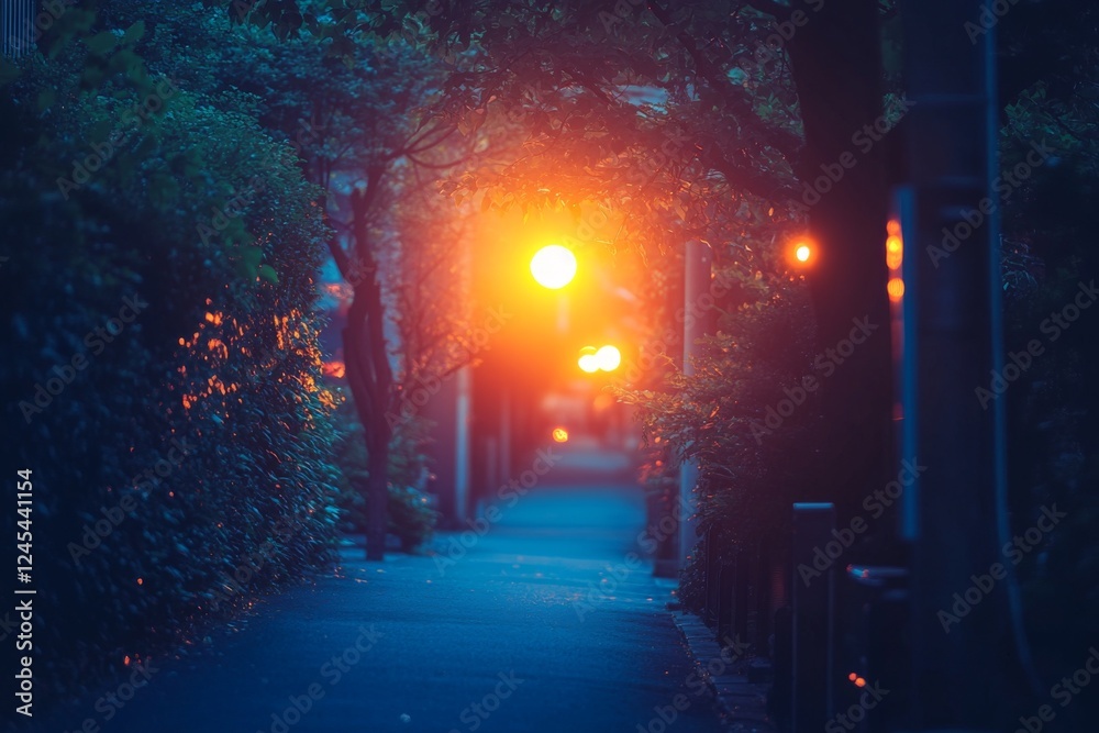 Mystical pathway illuminated by warm streetlights at night