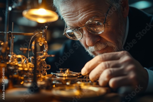 Jeweler carefully examining a gemstone in a dimly lit workshop photo