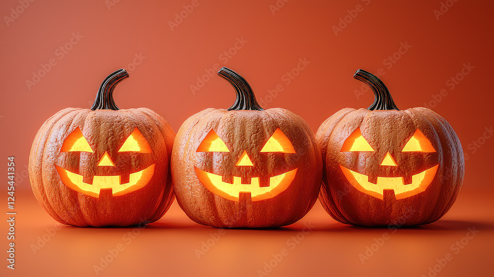 Three illuminated jack-o'-lanterns arranged in a row against an orange background. Three illuminated jack-o'-lanterns arranged in a row against an orange background.