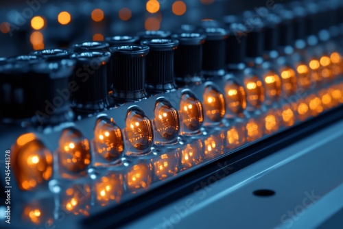 Row of illuminated lab vials with glowing liquid photo