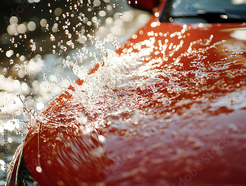 A dynamic shot of water splashing over the hood of a red car during a car wash