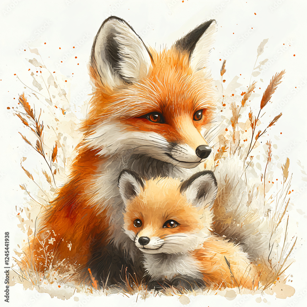 Fototapeta premium Adorable Cartoon Mother and Baby foxes – Kawaii Vector on pastel white background