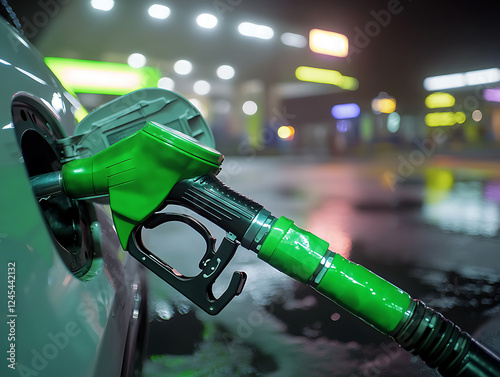 A vibrant green fuel nozzle inserted into a white car’s fuel tank, with a blurred gas station background