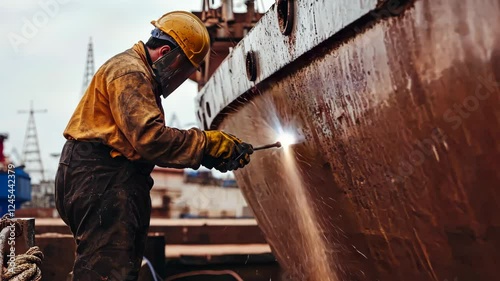 Skilled welder at work on industrial ship hull at shipyard