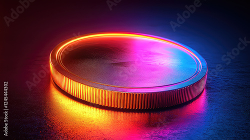 Gold coin with vibrant neon lighting reflecting on a dark surface.